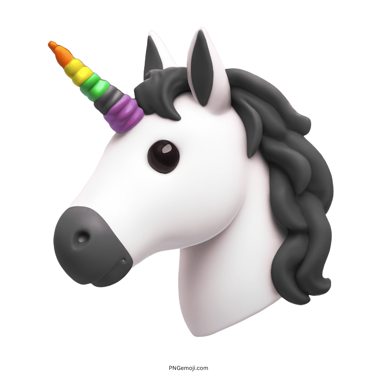 3D-rendered unicorn emoji with rainbow horn and gray mane on a transparent background.