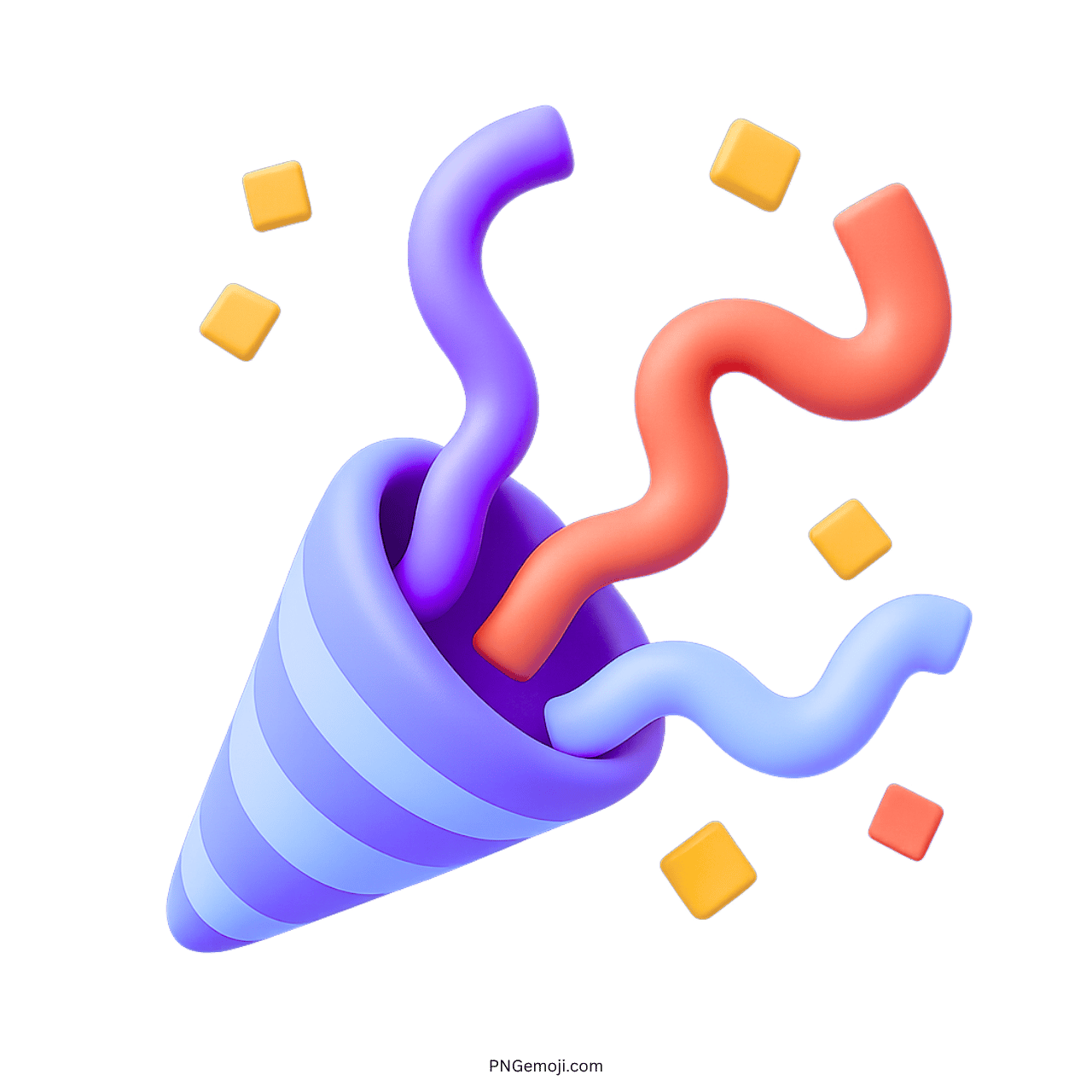 Violet blue 3D confetti emoji PNG with streamers and party cubes on transparent background