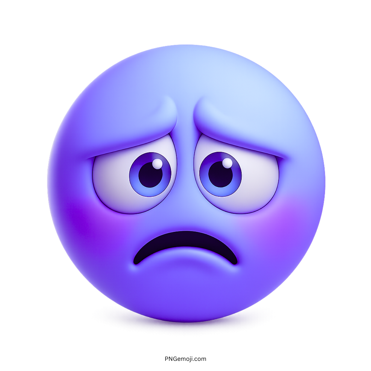 3D violet blue frowning emoji with glossy sad eyes and a downturned mouth