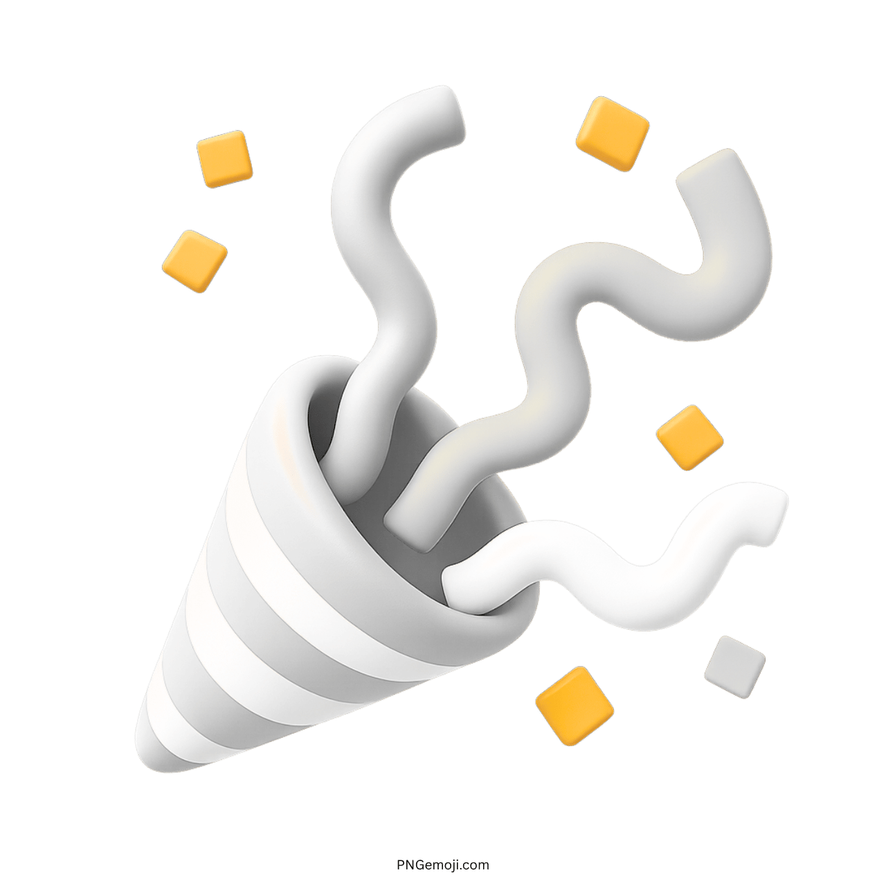 White 3D confetti emoji PNG with streamers and minimal celebration cubes on transparent background
