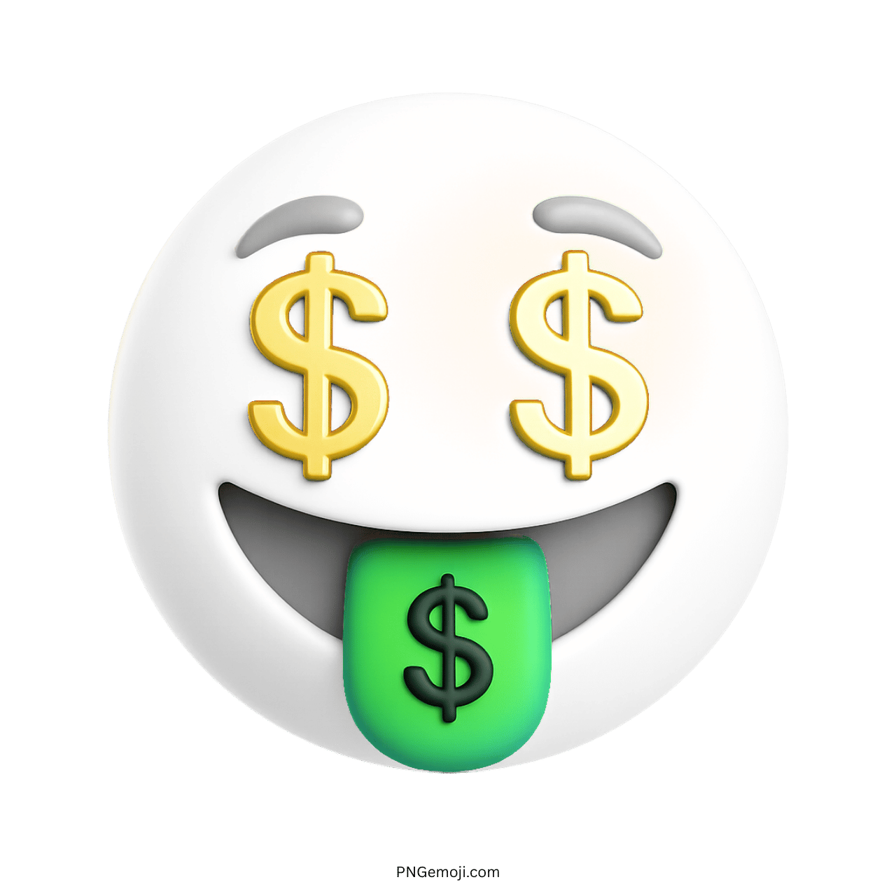 White 3D money mouth emoji with golden dollar eyes and green dollar tongue
