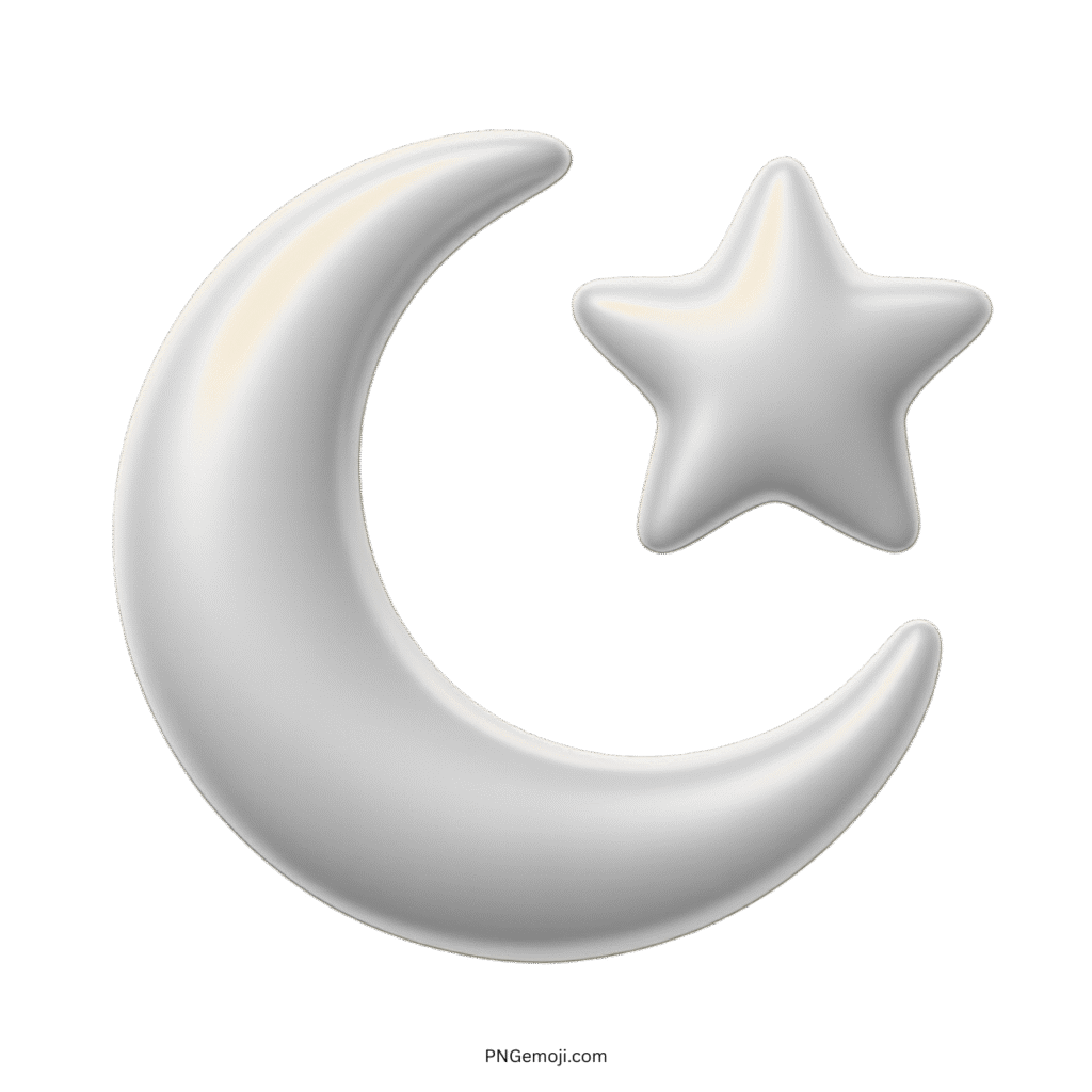 White 3D crescent moon and star Islamic emoji icon with clean spiritual design