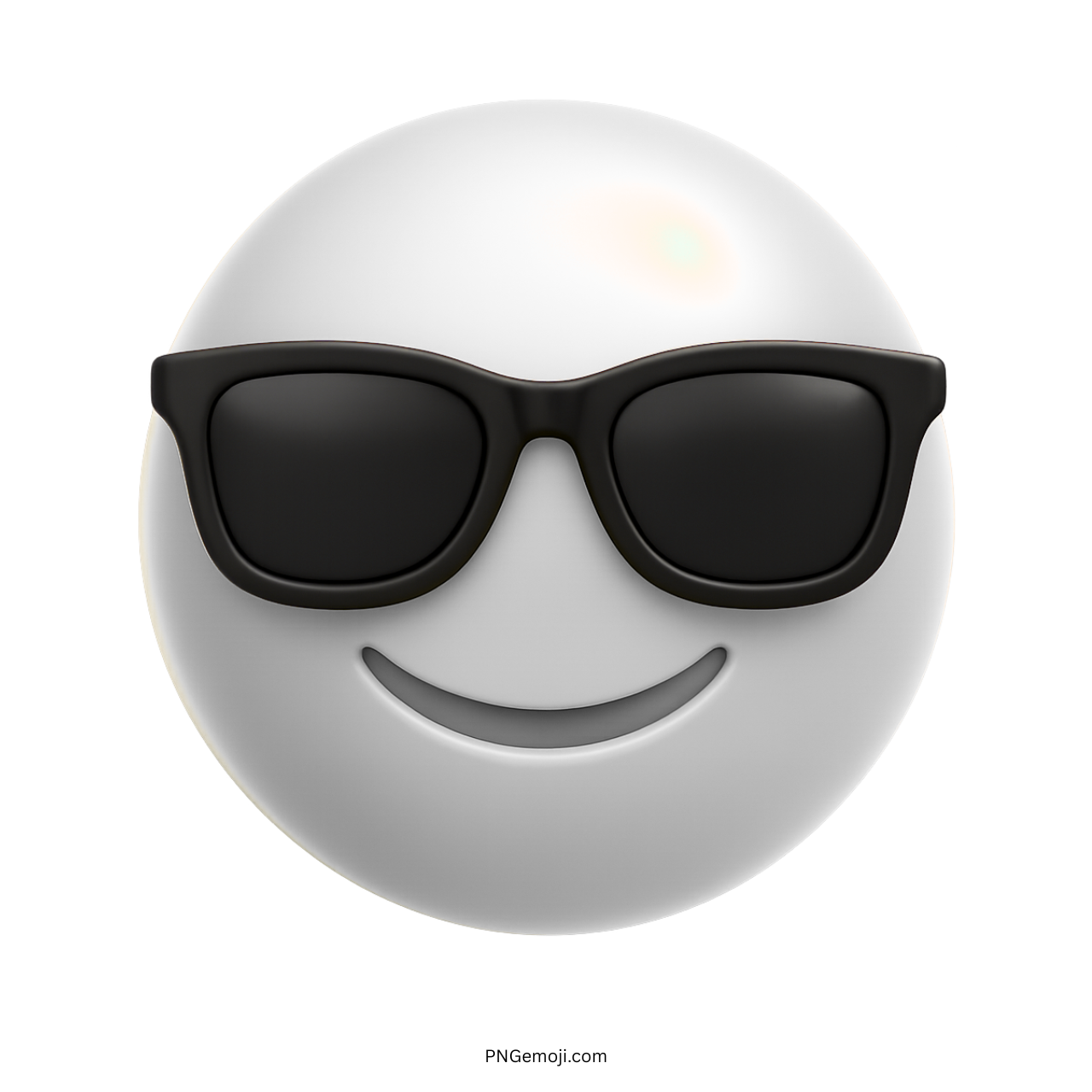 Sleek white 3D emoji with black sunglasses and a subtle cool smile