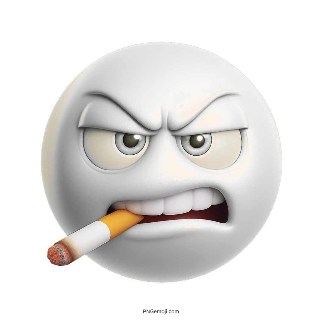 White 3D angry emoji face smoking cigarette with fierce cartoon expression