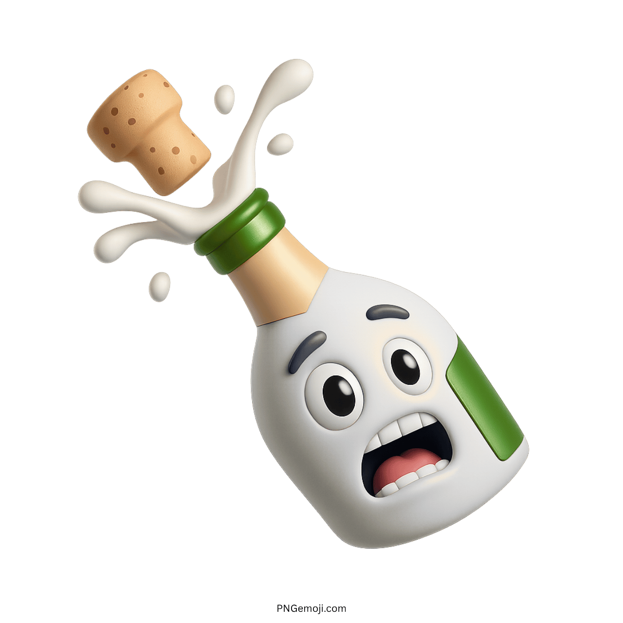 White champagne bottle emoji popping with foam splash and shocked cartoon face