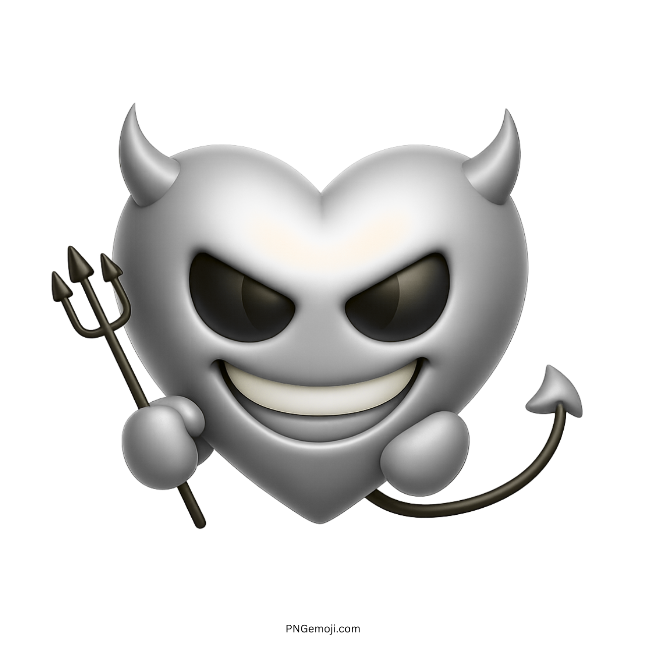 3D white devil heart emoji with horns, dark eyes, evil grin, trident, and tail