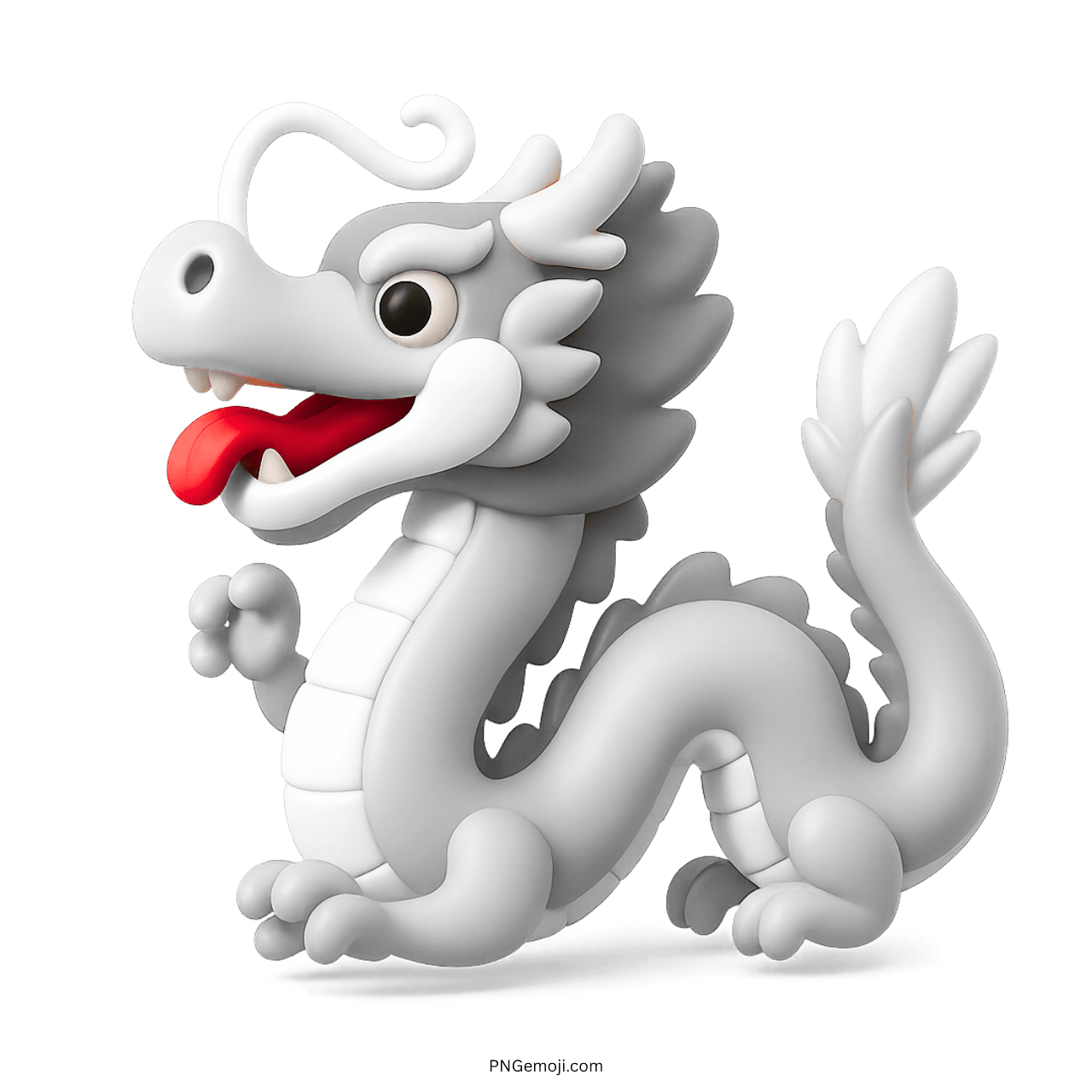 White dragon emoji with a playful expression and a red tongue, cartoon-style, symbolizing fun and fantasy.
