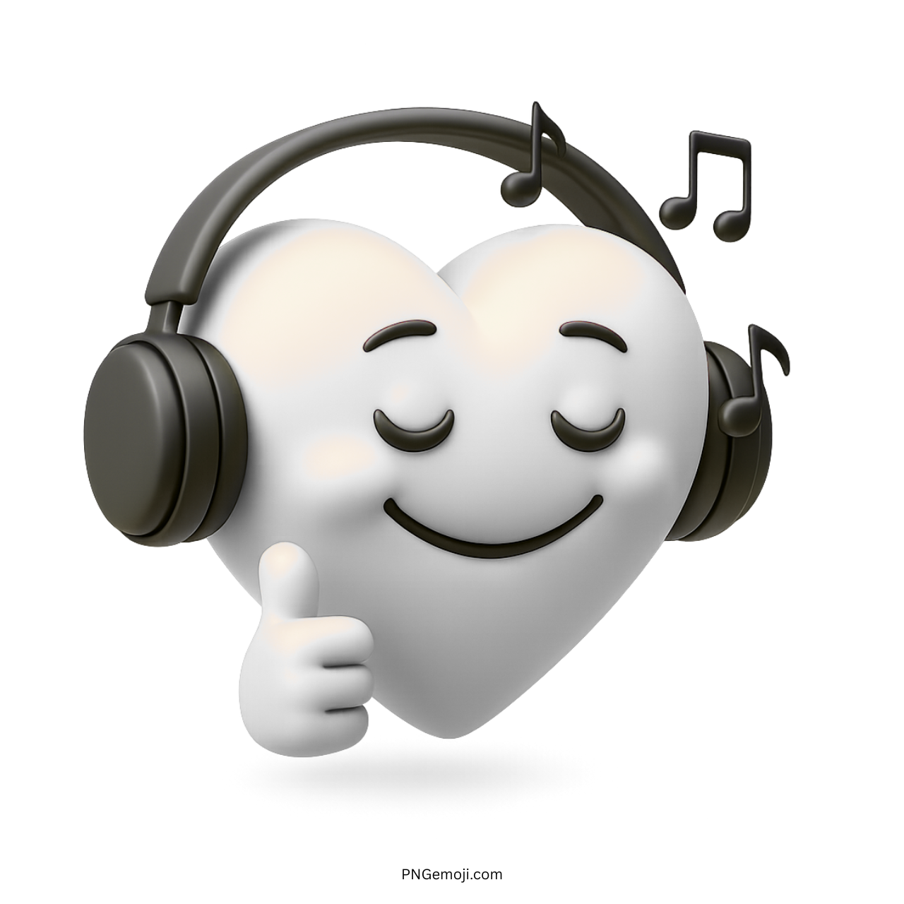 3D white heart emoji with headphones and music notes showing listening gesture