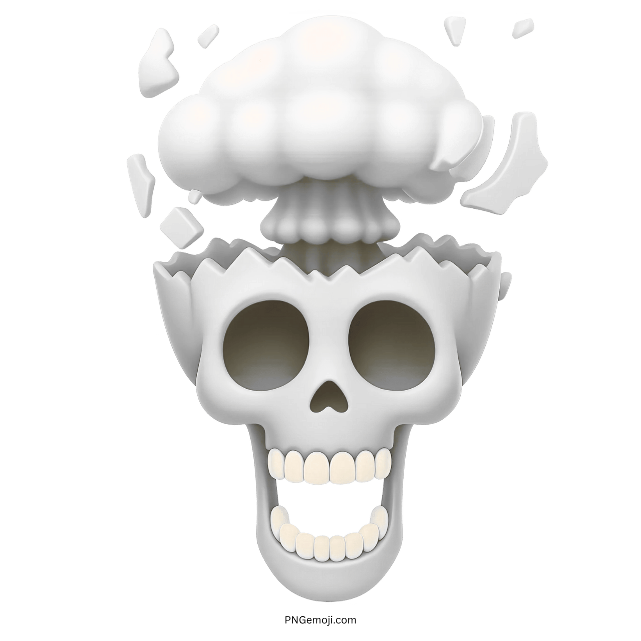 White mewing skull emoji with exploding head in creative cartoon digital art style