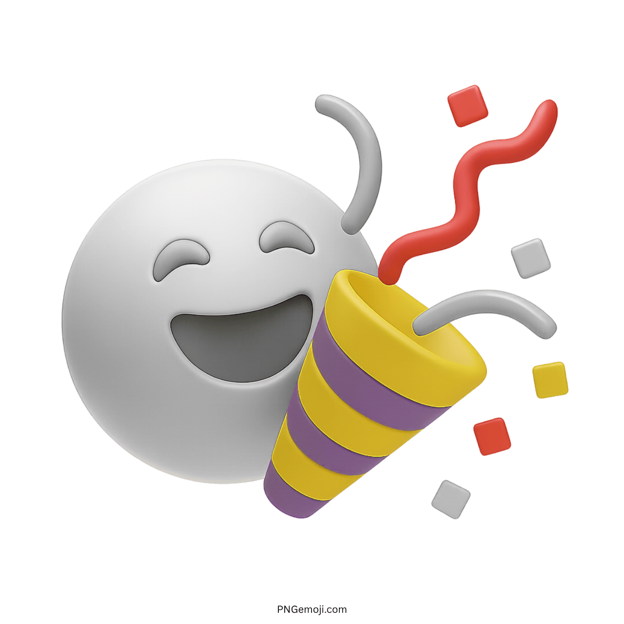3D white emoji with party popper, colorful confetti, and celebration elements