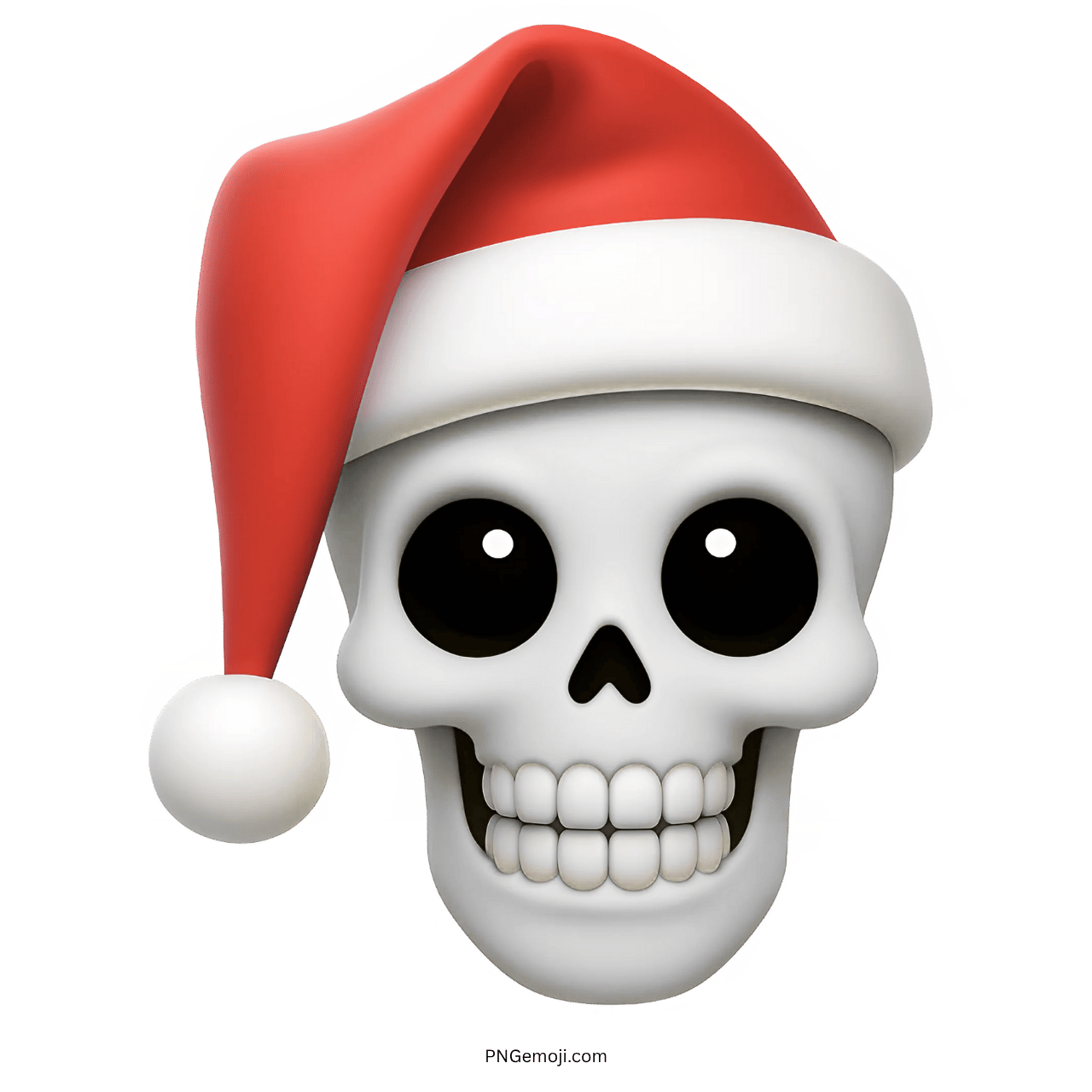 3D white skull emoji wearing Santa hat with big eyes and wide smile