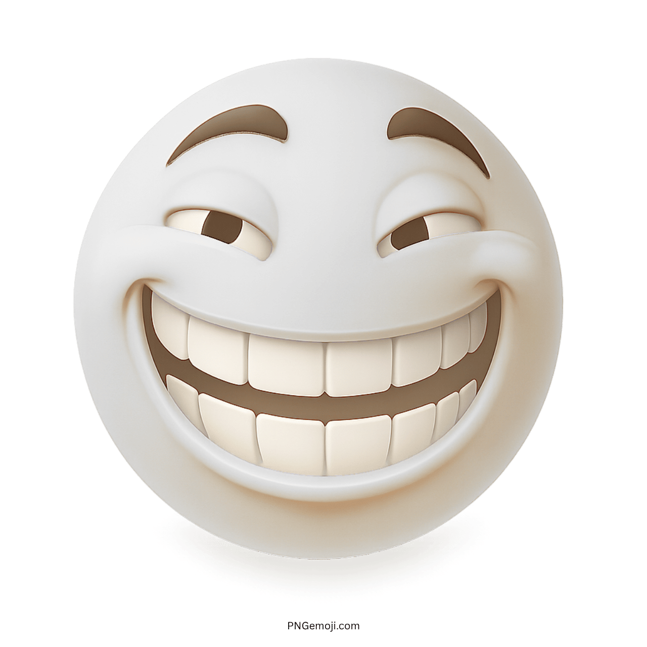 White troll face emoji with big smug grin and playful raised eyebrows