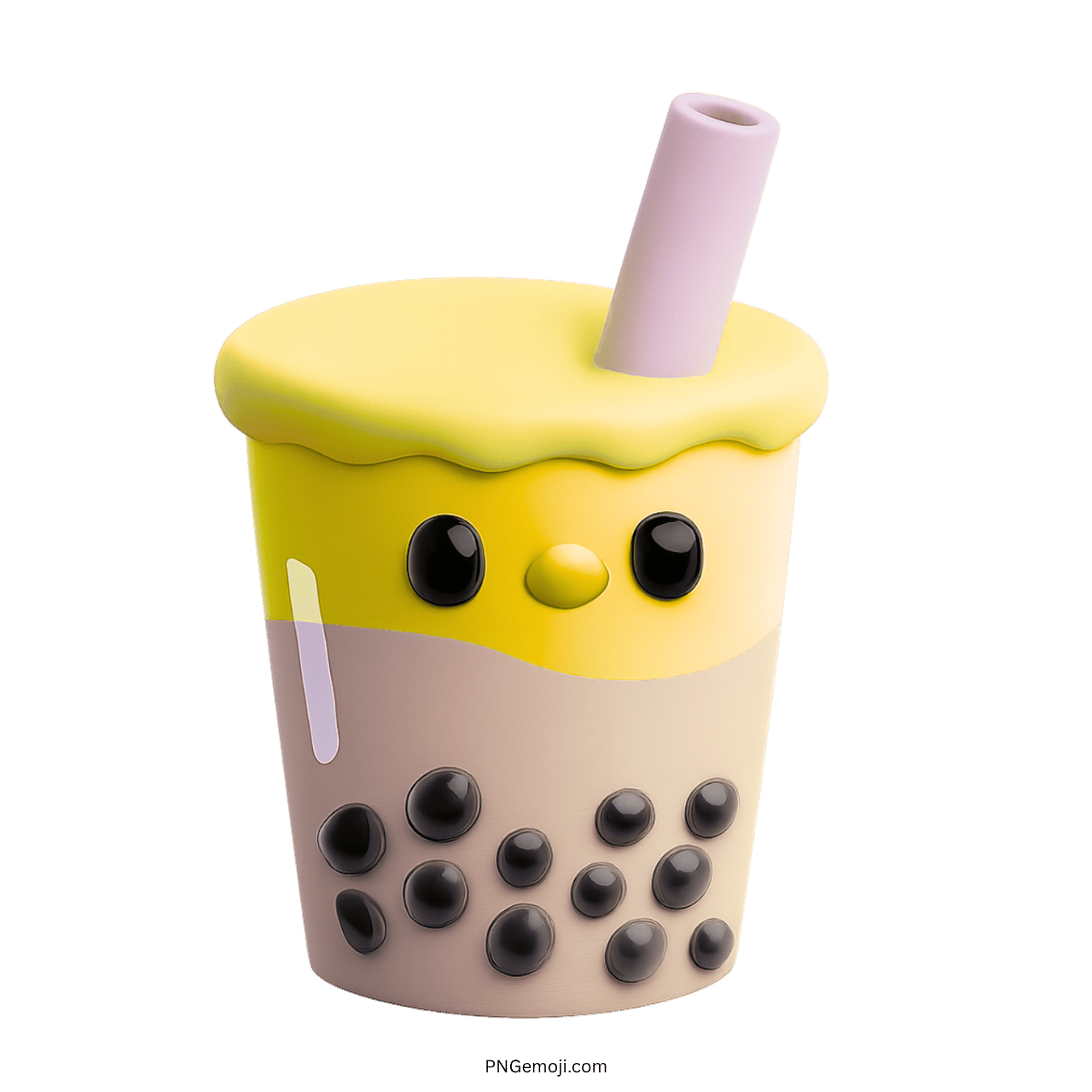 Cute yellow bubble tea emoji with cartoon face and purple straw PNG
