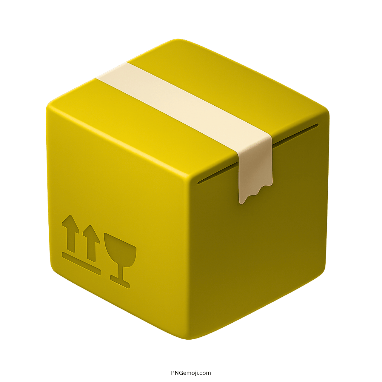 Yellow 3D package box emoji with fragile and this side up icons