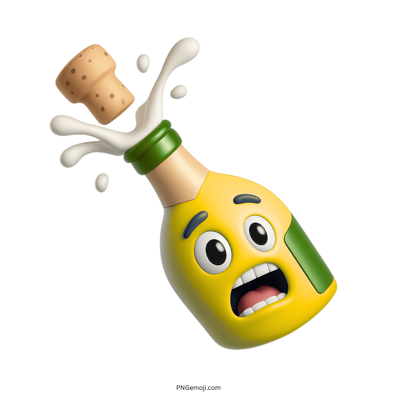 Yellow champagne bottle emoji popping with splash and surprised cartoon face