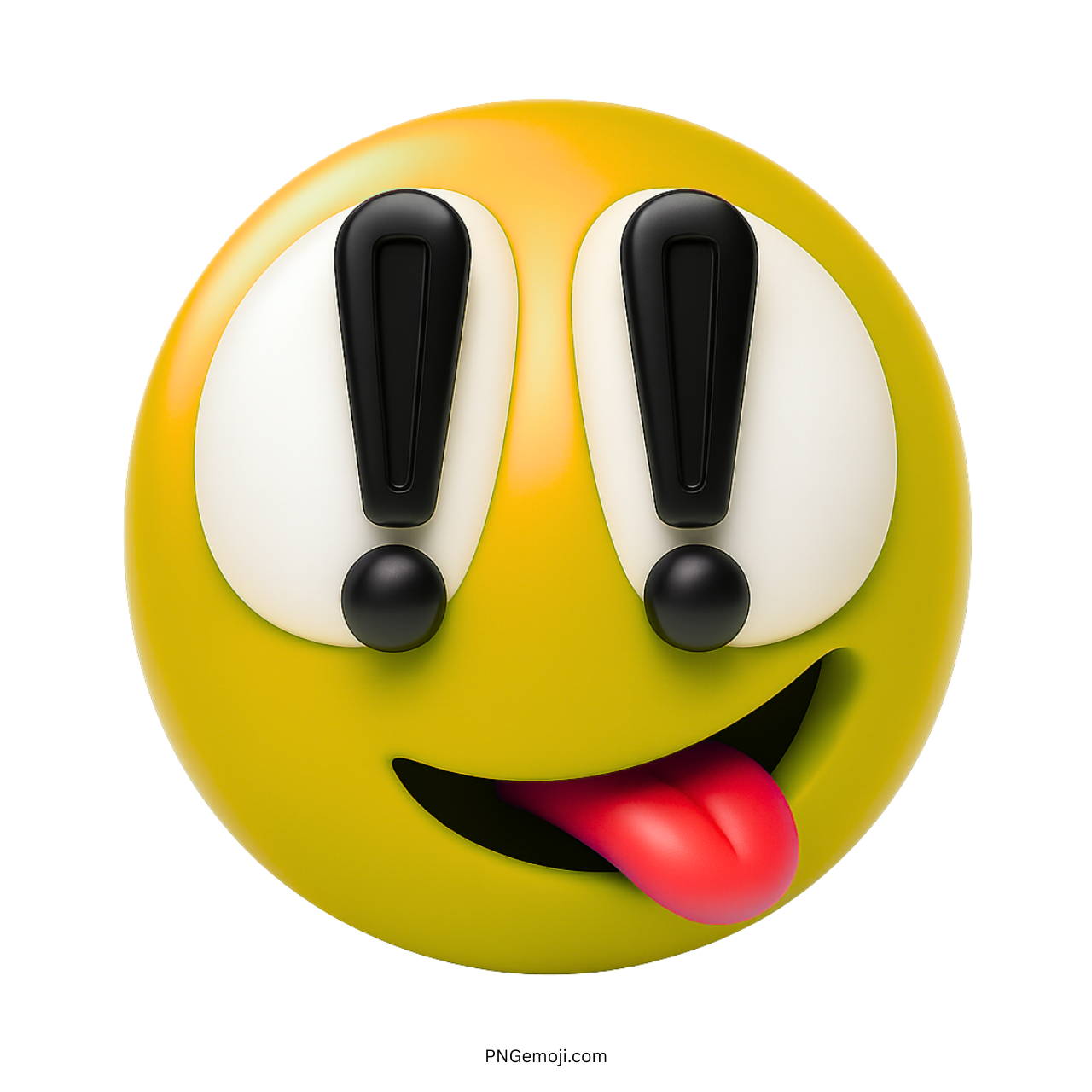 Yellow emoji with exclamation mark eyes and tongue out in playful expression