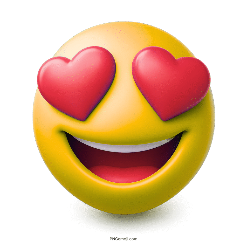 3D yellow smiley face emoji with red heart eyes showing romantic excitement.