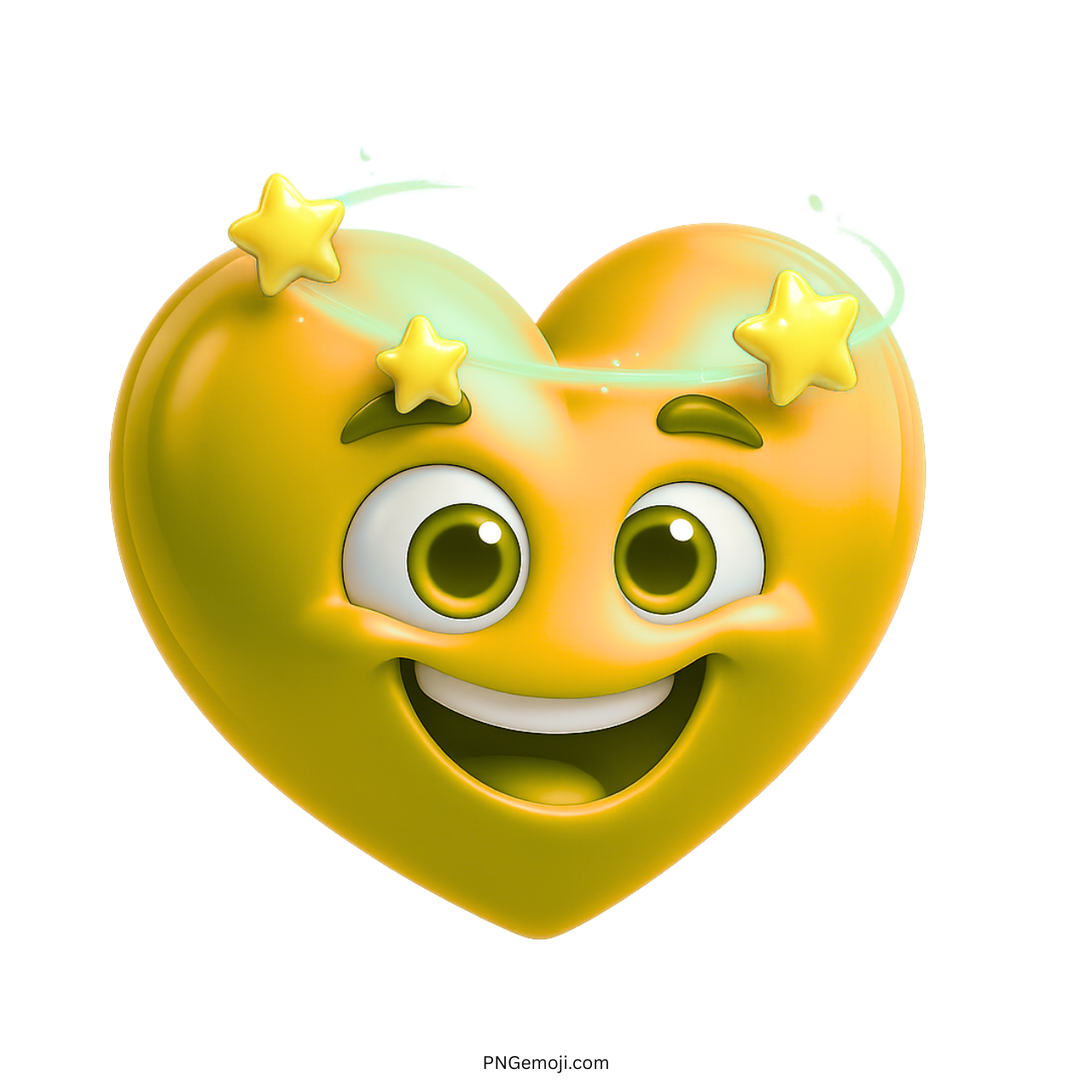 Yellow heart emoji smiling with swirling stars and a cheerful dizzy expression