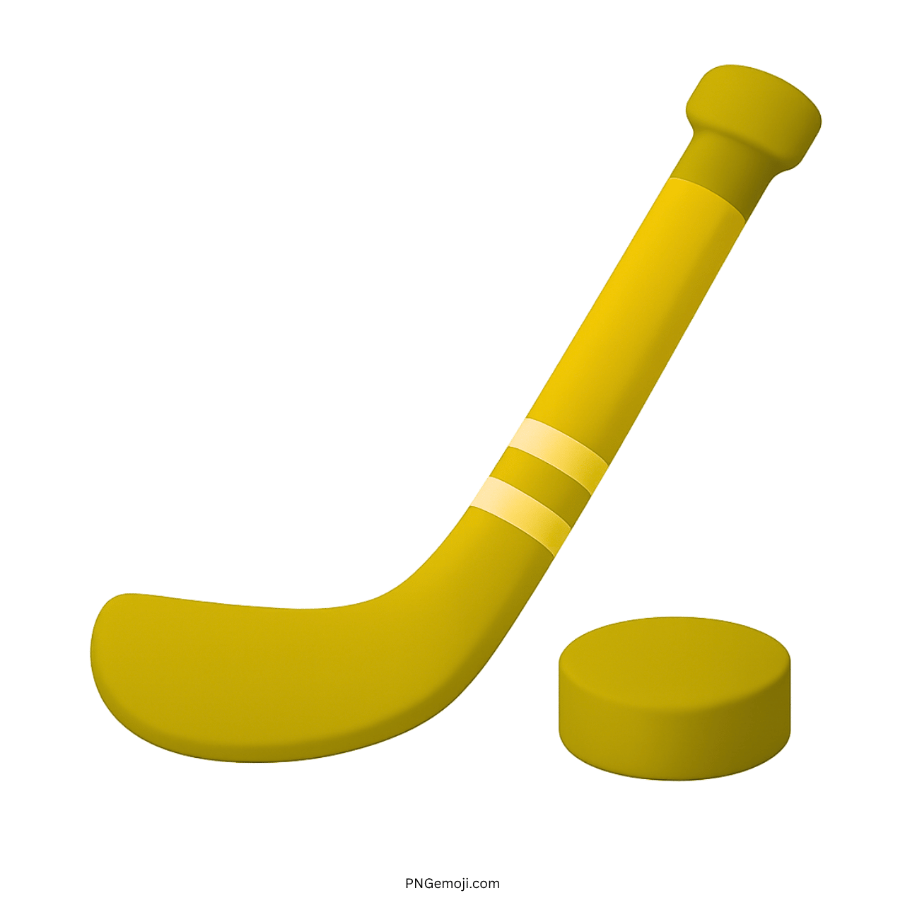 Yellow ice hockey stick and puck emoji on green background, sport equipment, cartoon style, bright colors.