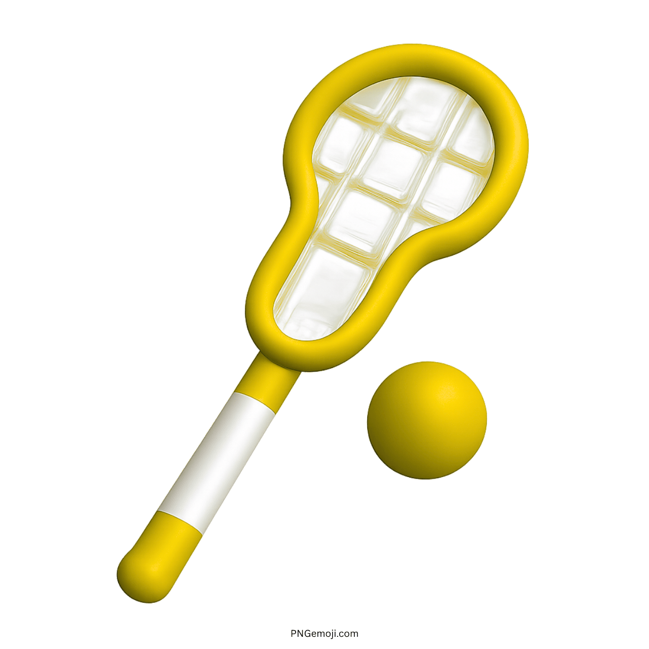 Yellow lacrosse stick with net and ball illustration emoji, sports equipment design.
