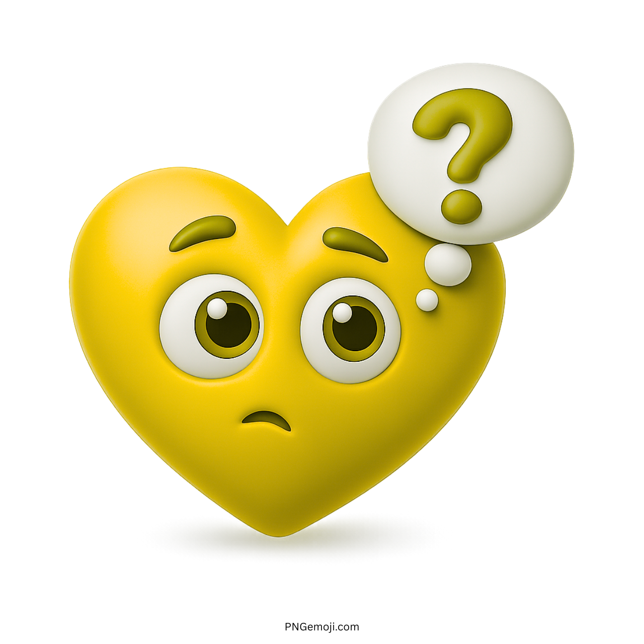 Yellow heart emoji with confused expression and question mark in thought bubble.