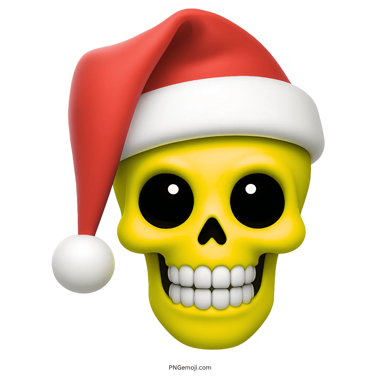 3D yellow skull emoji with Santa hat and big eyes on transparent background