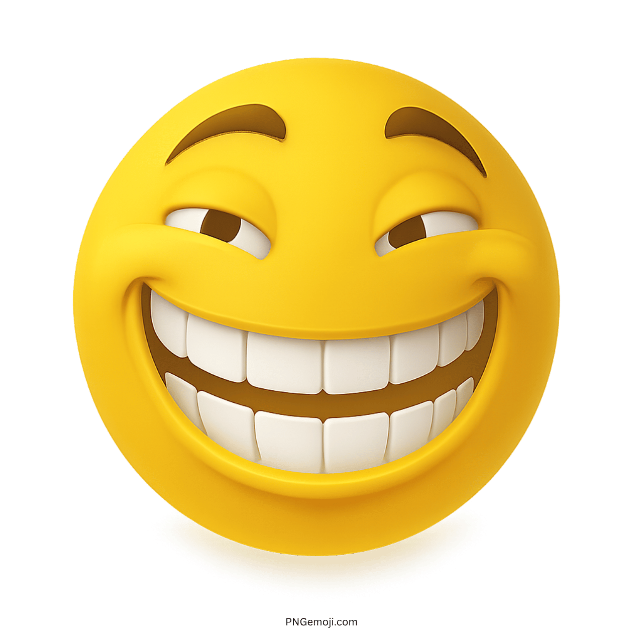 Yellow troll face emoji with big mischievous grin and raised smug eyebrows