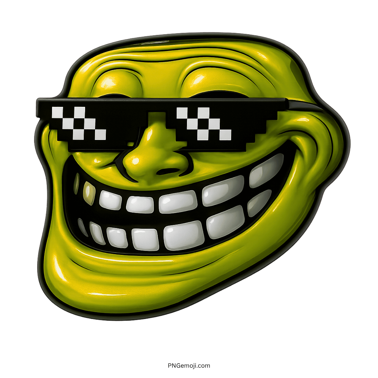 Yellow troll face with thug life pixel sunglasses showing wide smug grin expression