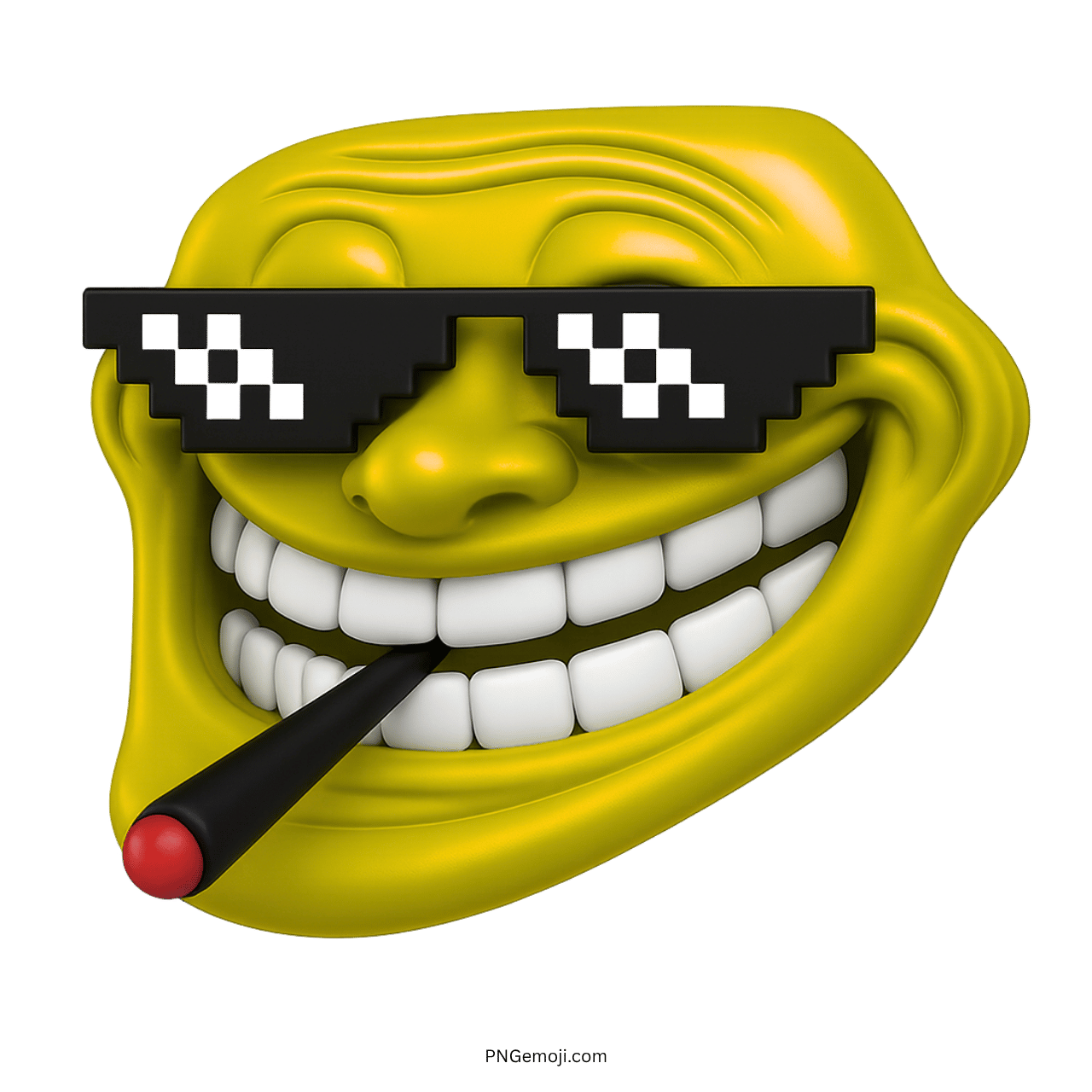 Yellow troll face emoji with smoking stick and meme-style pixel sunglasses