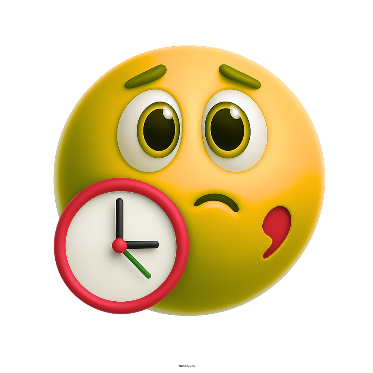 3D yellow waiting emoji showing anxious expression with red clock symbol in front