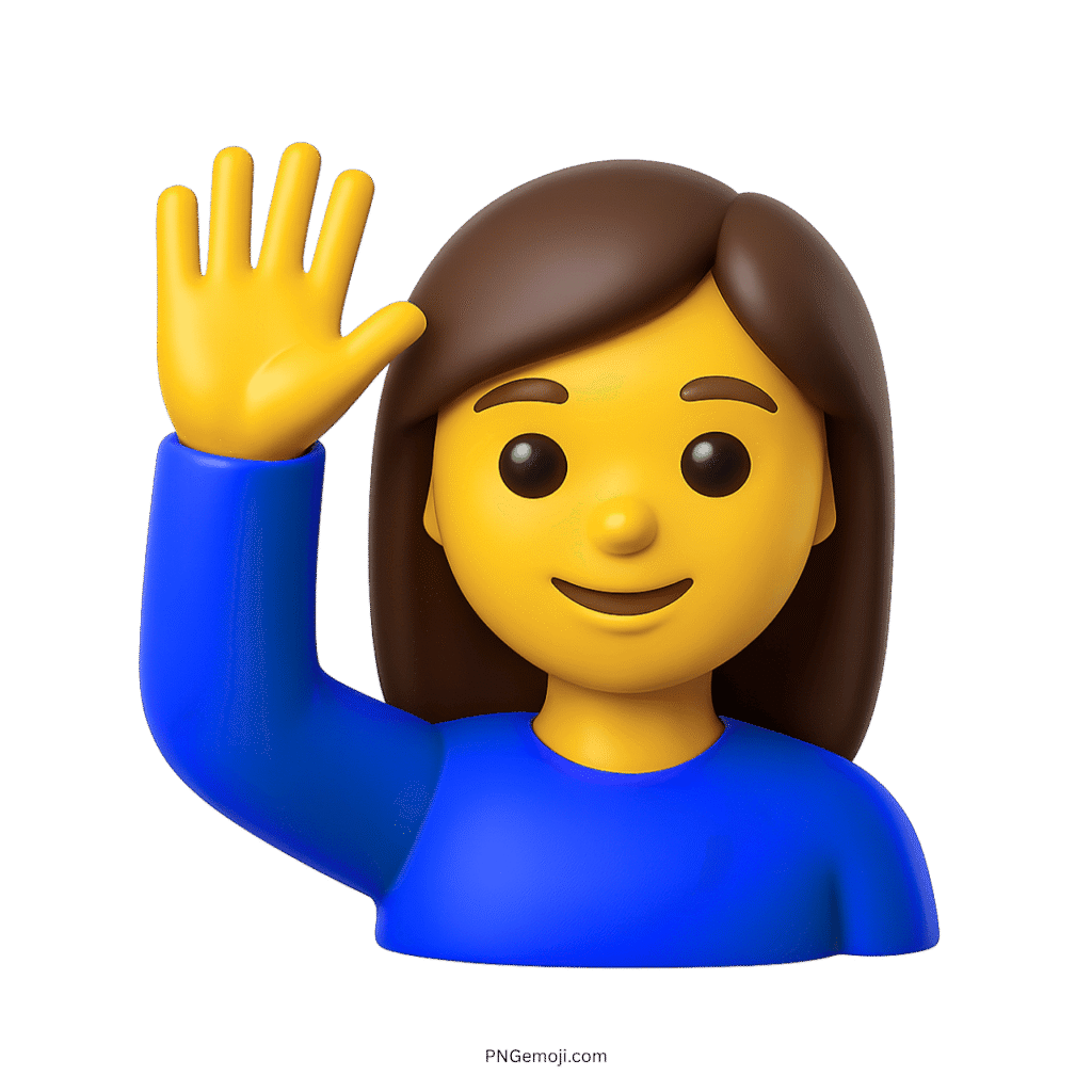 3D woman raising hand emoji wearing blue top cartoon style icon