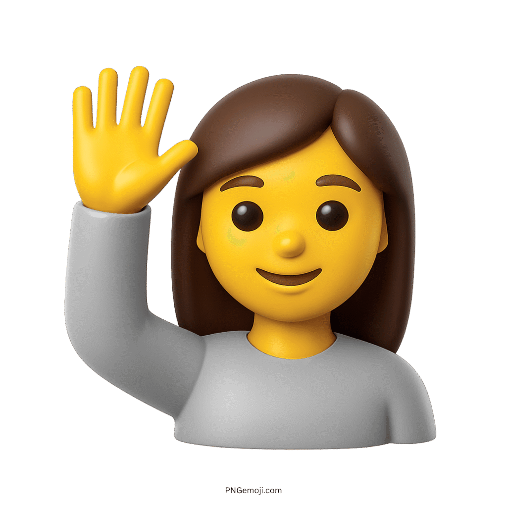 3D woman raising hand emoji wearing gray top cartoon style illustration