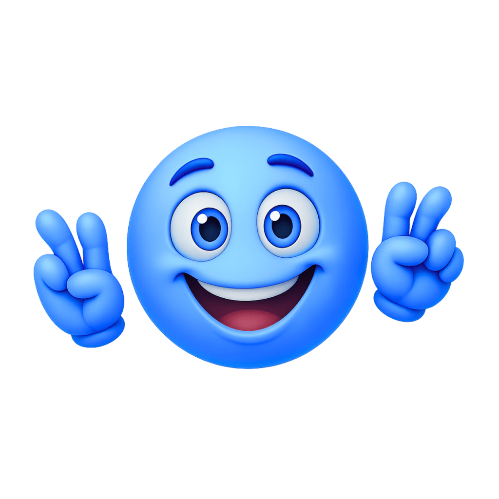 3D blue smiley emoji making air quotes hand gesture with happy face expression