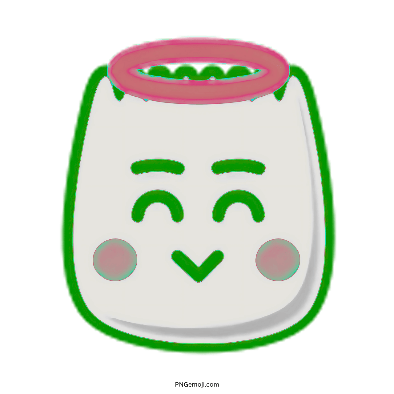 Cute angel TikTok emoji with smiling face, pink halo, blushing cheeks, and white background