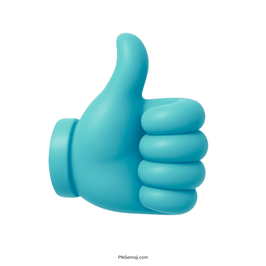 3D aqua blue thumbs up emoji gesture symbol on transparent background.