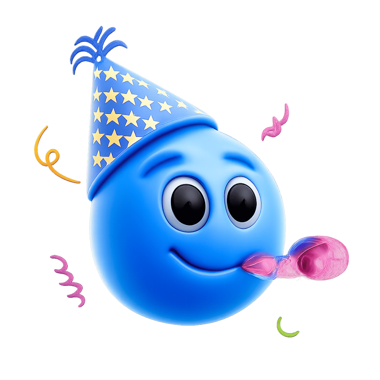 Birthday celebration emoji with a party hat, blowing a balloon, and colorful confetti.