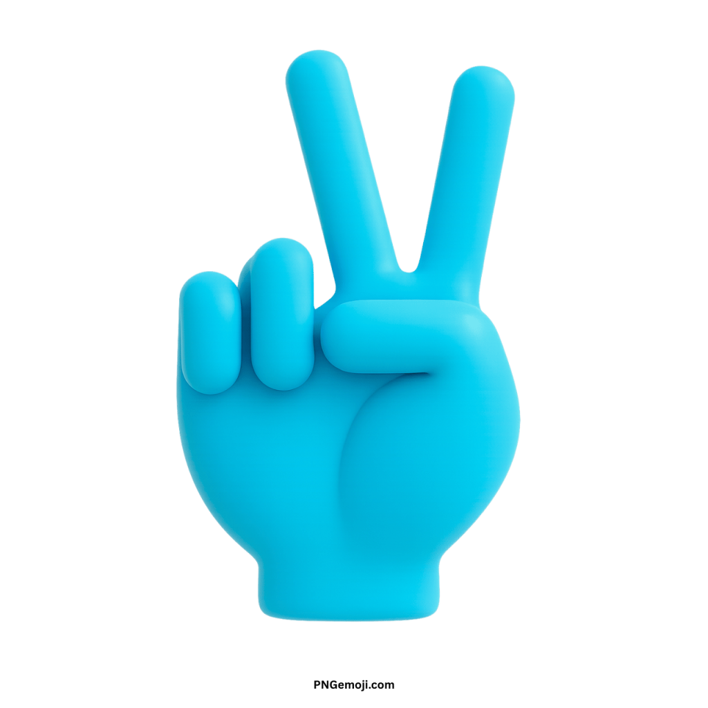 3D blue victory hand emoji showing peace sign gesture with raised two fingers