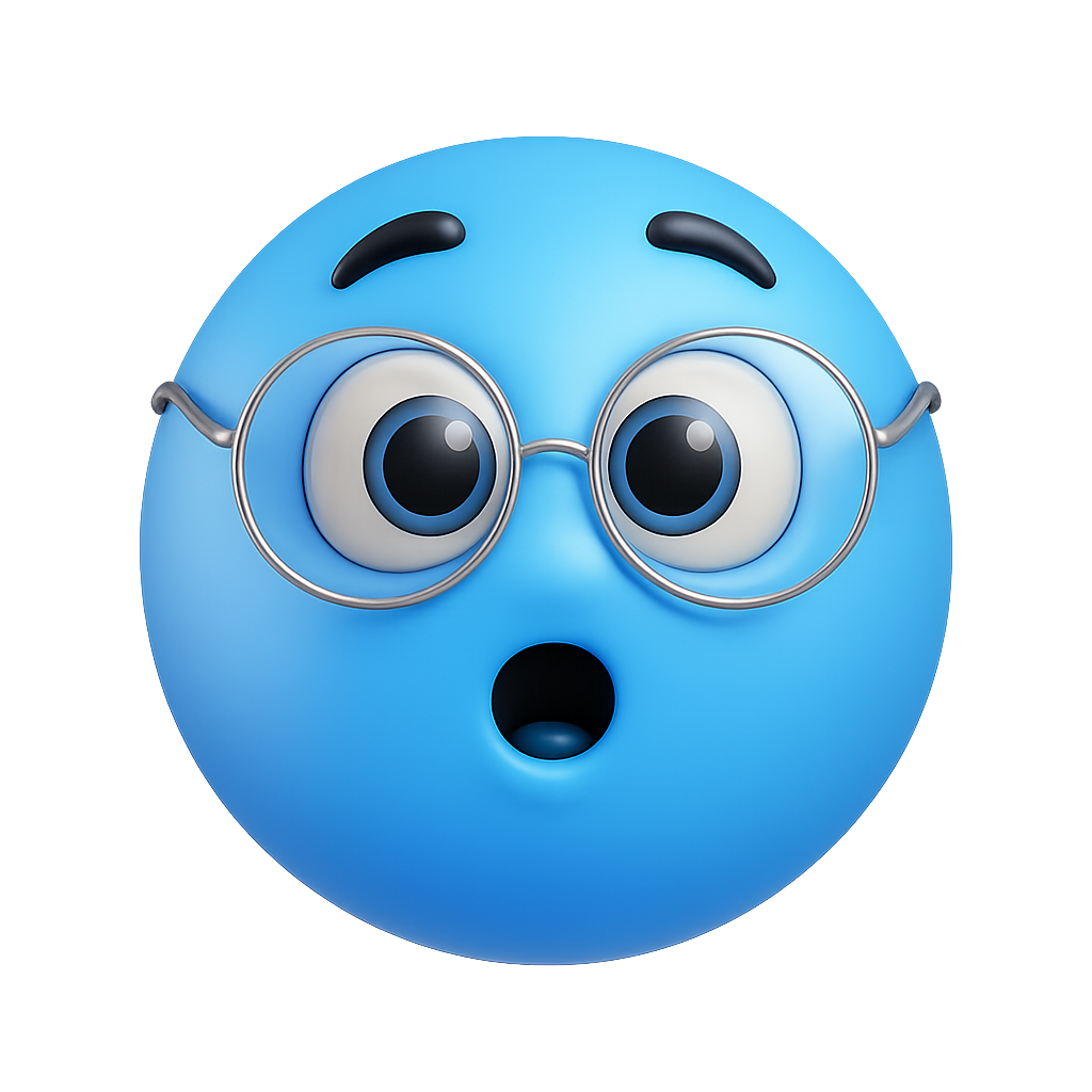 Blue 3D emoji face wearing round glasses with surprised shocked expression emoticon design
