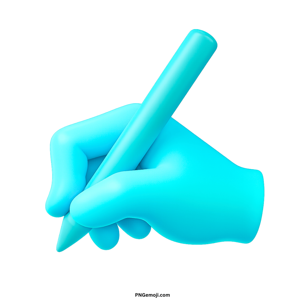 3D blue hand holding pen emoji icon for writing and creativity expression