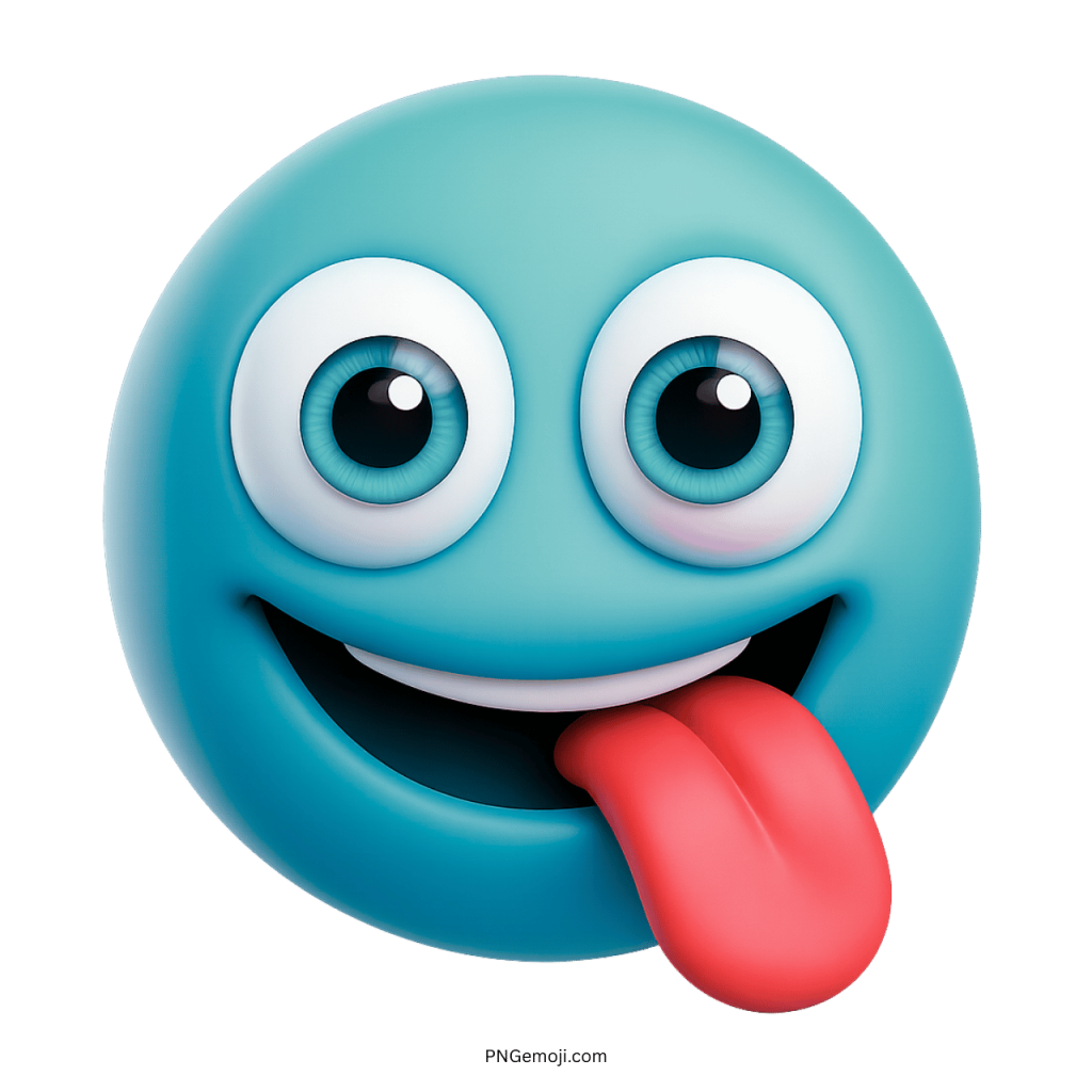 3D blue smiley tongue-out emoji with funny playful facial expression