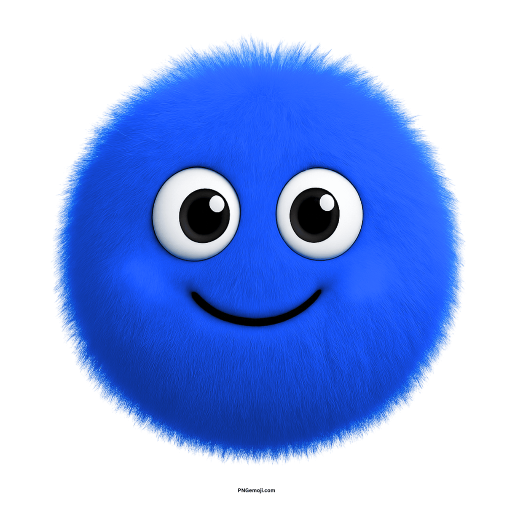Fluffy blue emoji with big round eyes and a happy smiling face