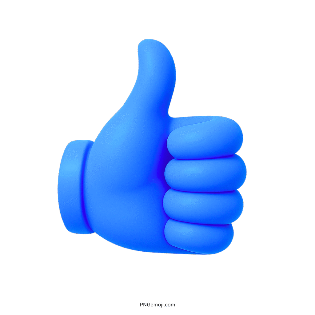 3D blue thumbs up emoji gesture symbol on transparent background.