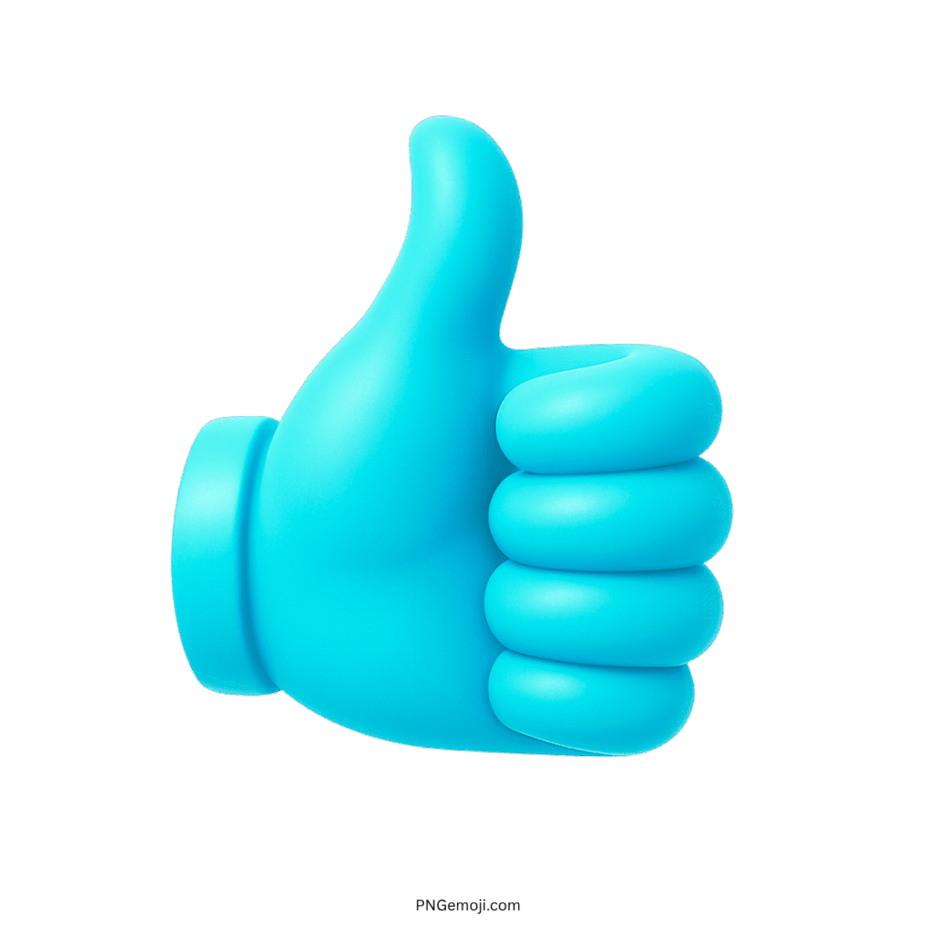 3D blue thumbs up emoji gesture symbol on transparent background.