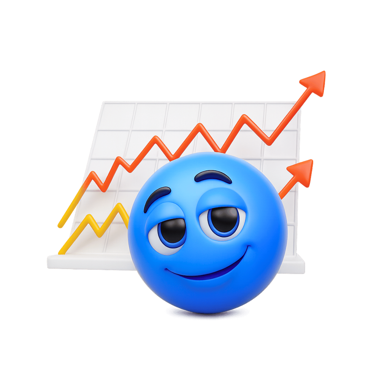 3D blue business emoticon emoji with rising growth chart and positive trend line