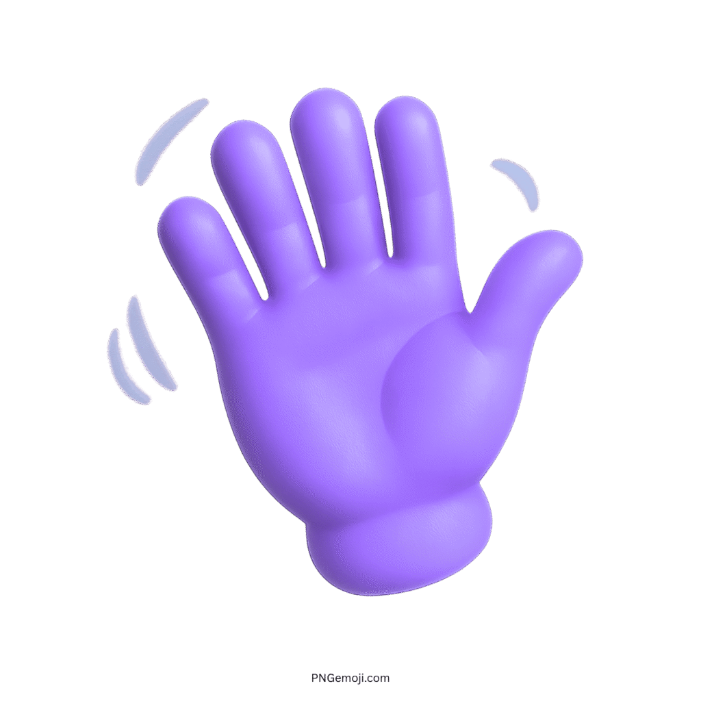 Purple waving hand emoji, a colorful and fun goodbye gesture in 3D style