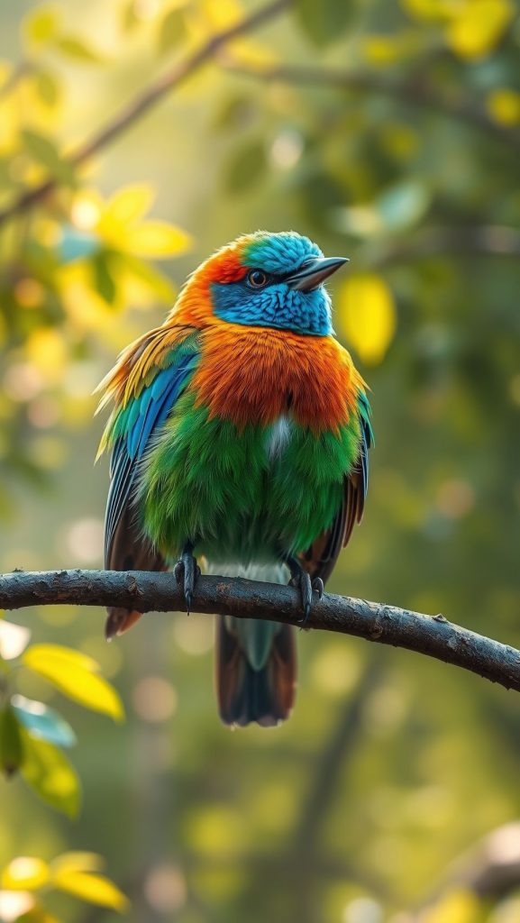 Colorful bird perched on a branch, vibrant feathers in sunlight