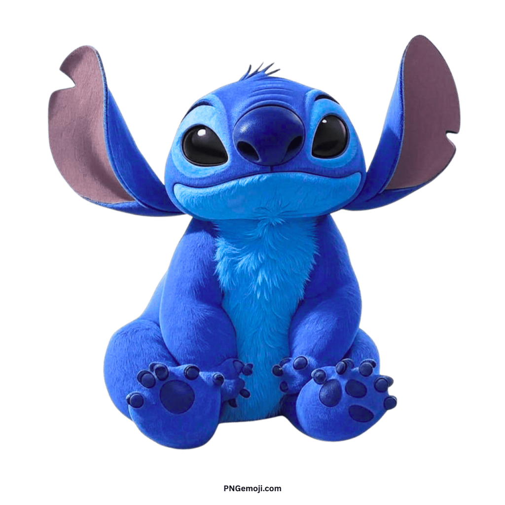 Cute 3D Stitch character sitting with big ears, blue fur, and transparent background