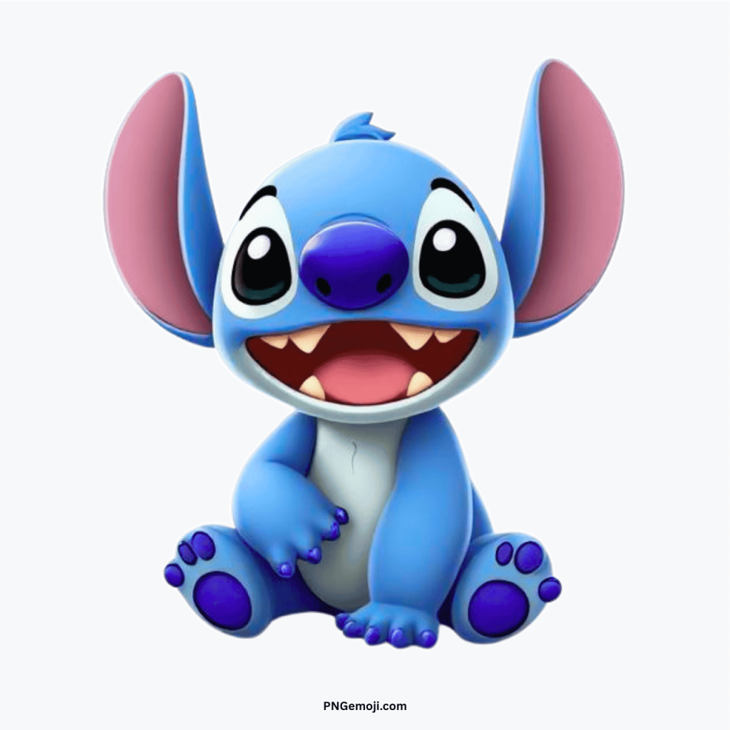 Adorable baby Stitch cartoon character smiling with big eyes and ears in 3D PNG style
