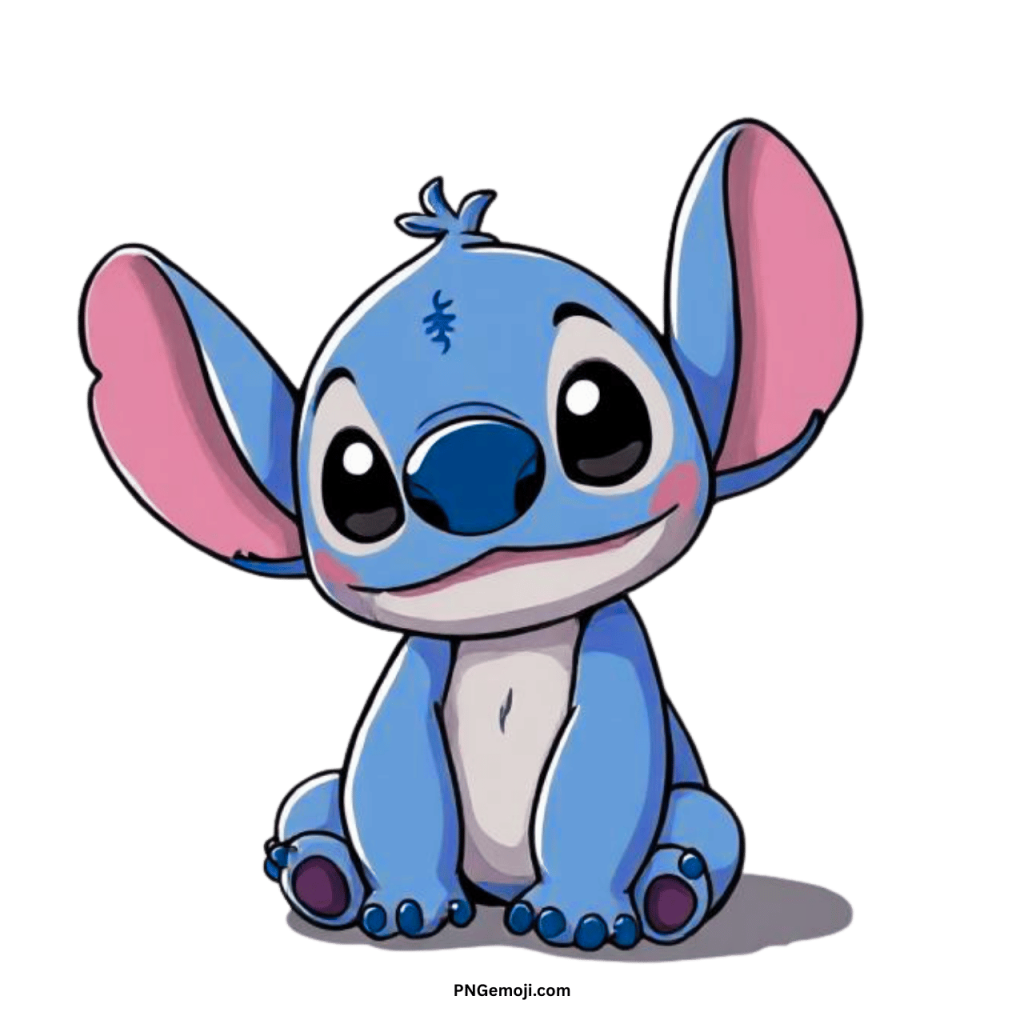 Cute blue alien cartoon character Stitch sitting happily with big ears and sweet smile.