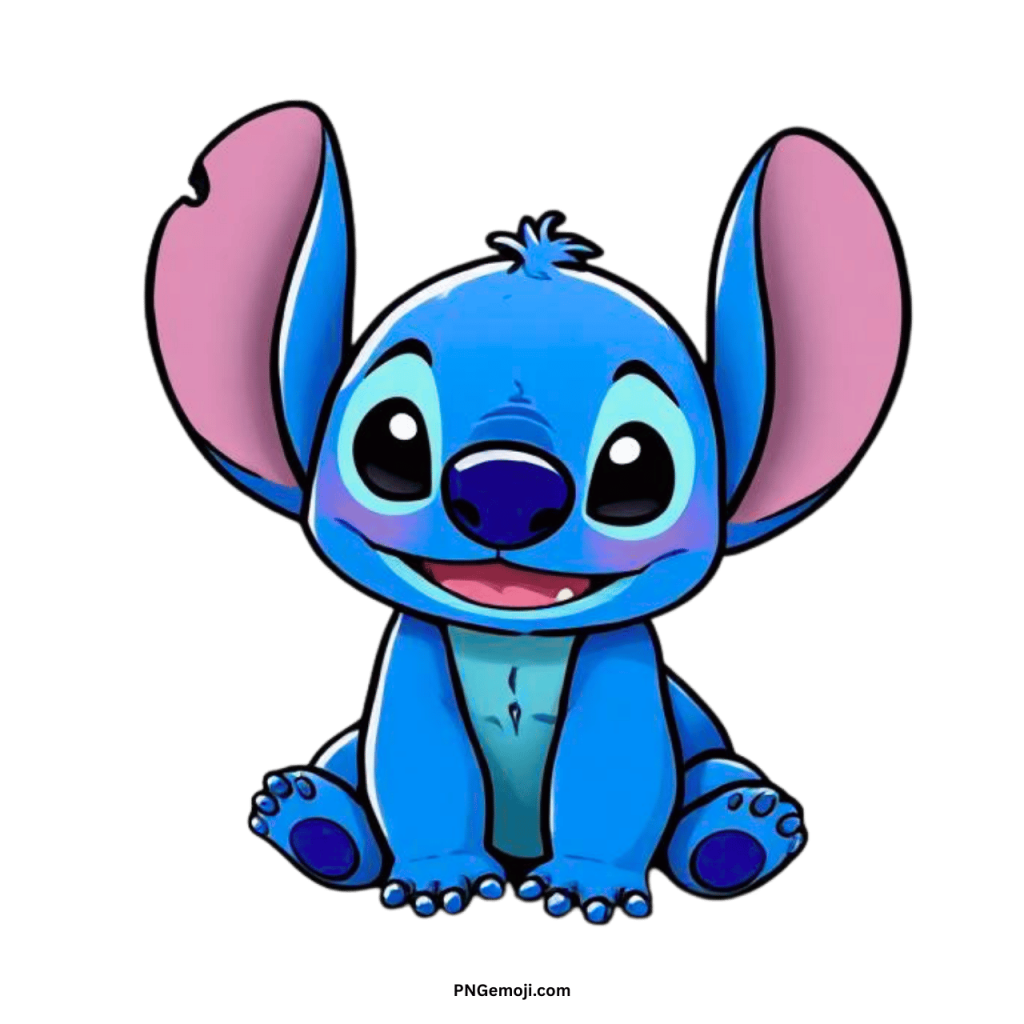 Cartoon Stitch character sitting with big ears and smiling face on transparent background